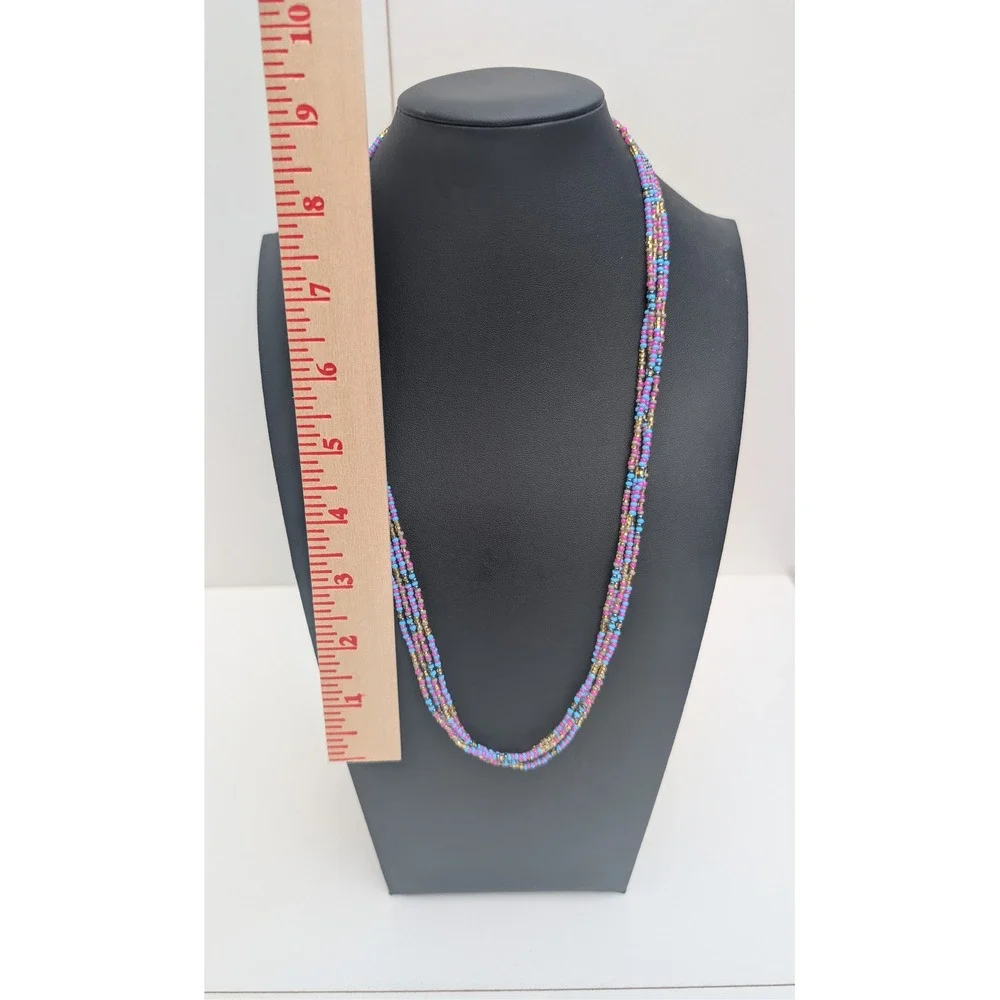 Handmade Multi Strand Seed Bead Necklace Turquoise Pink Layered Bohemian Jewelry